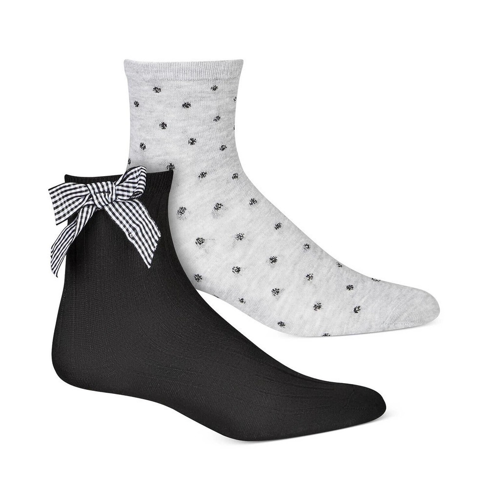 F319 Inc Black & Gray Women's 2-Pk. Plaid Bow & Dot-Print Anklet Socks One Size
